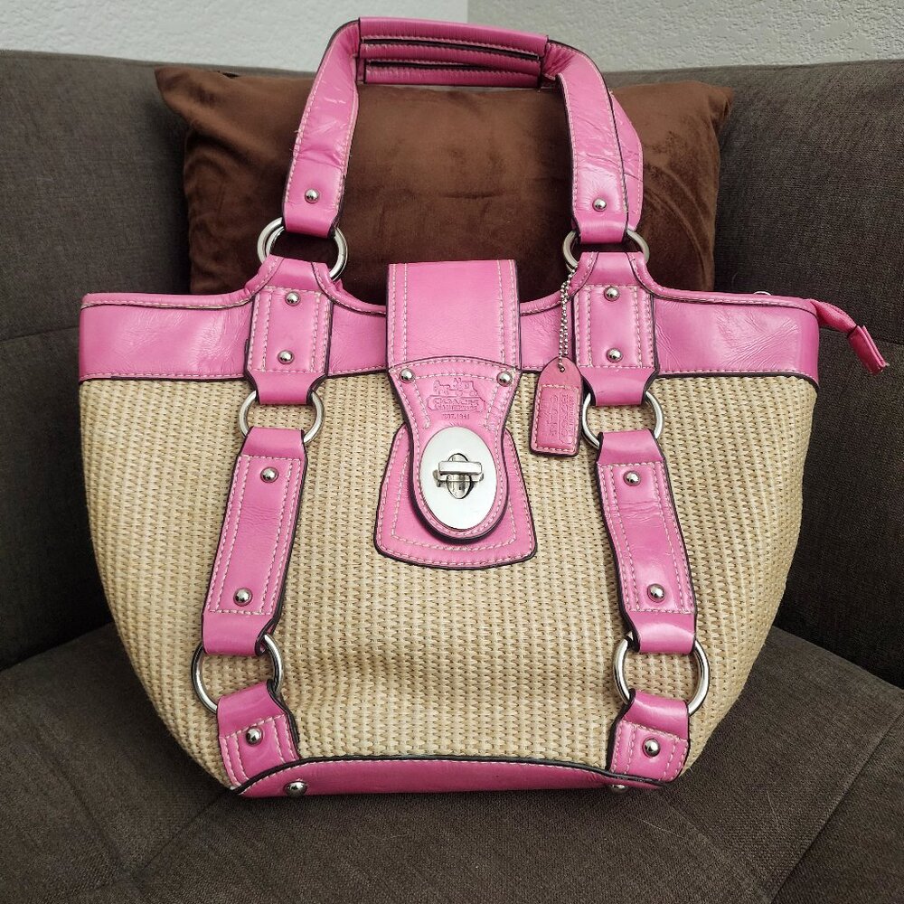 Coach Wicker & Pink patent leather Trim vacation tote